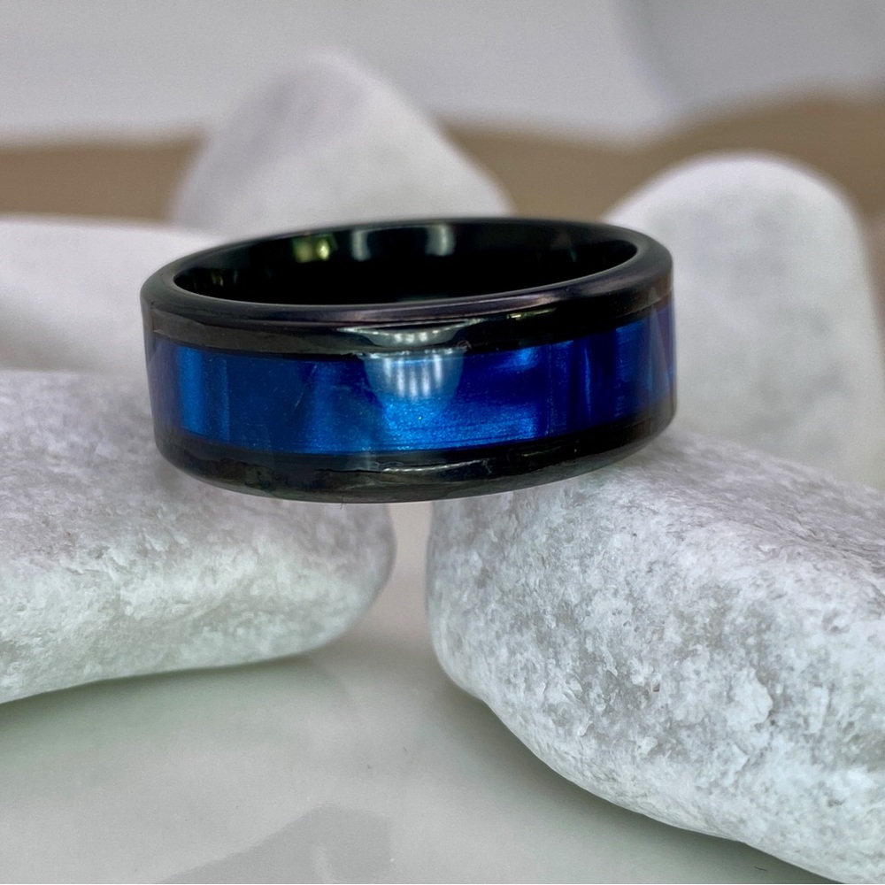 Titanium Steel- Royal Blue Striped Design Black Wedding Band Ring